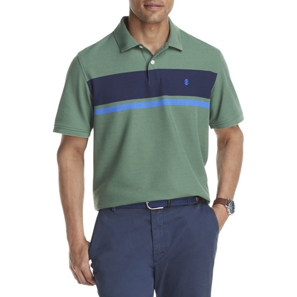 IZOD Advantage Green & Navy Blue Chest-Striped Performance Polo Shirt NWT Large